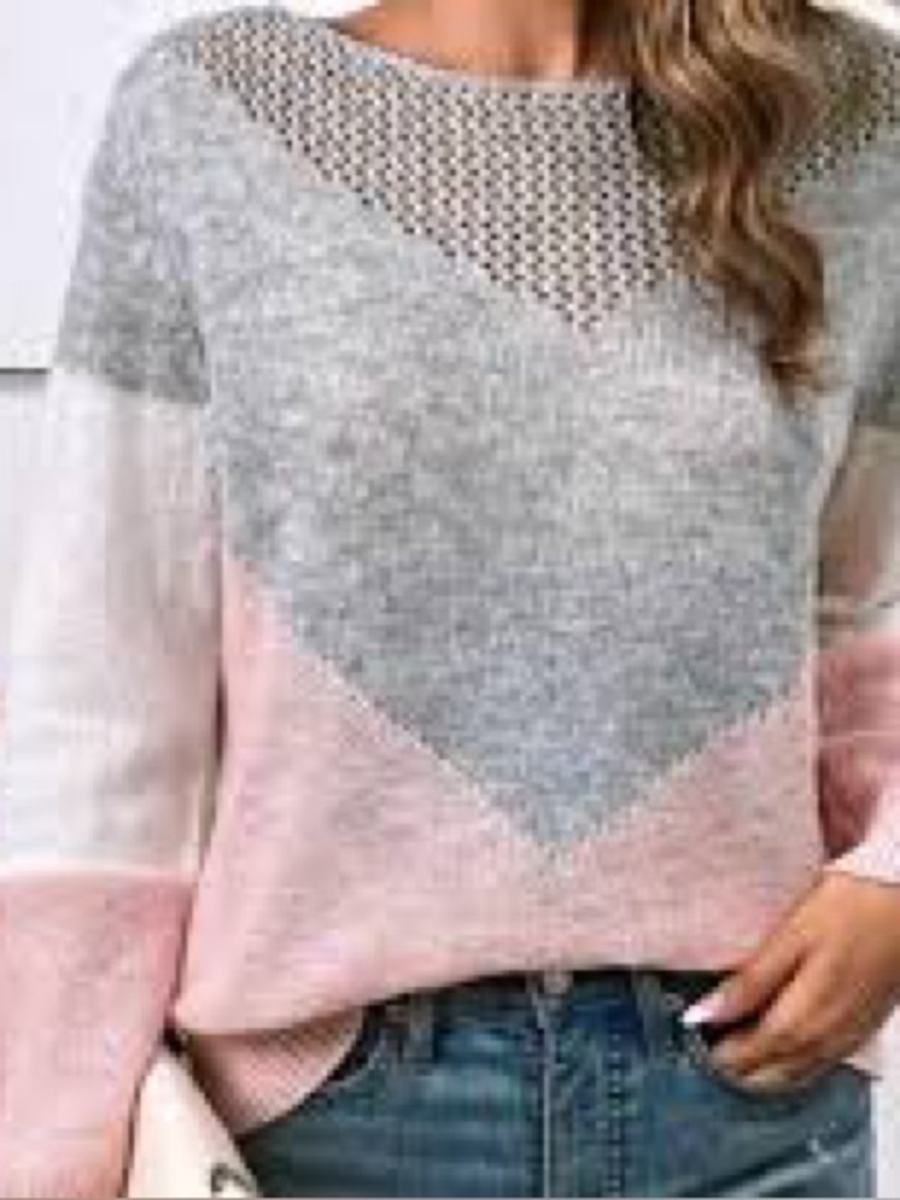 Colorblock Knit Pullover Sweater - Pink, Gray & Cream